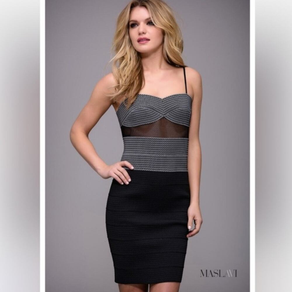 NWT Maslavi by Jovani Black White Two Tone Bandage Mini Dress Size 4 M625A